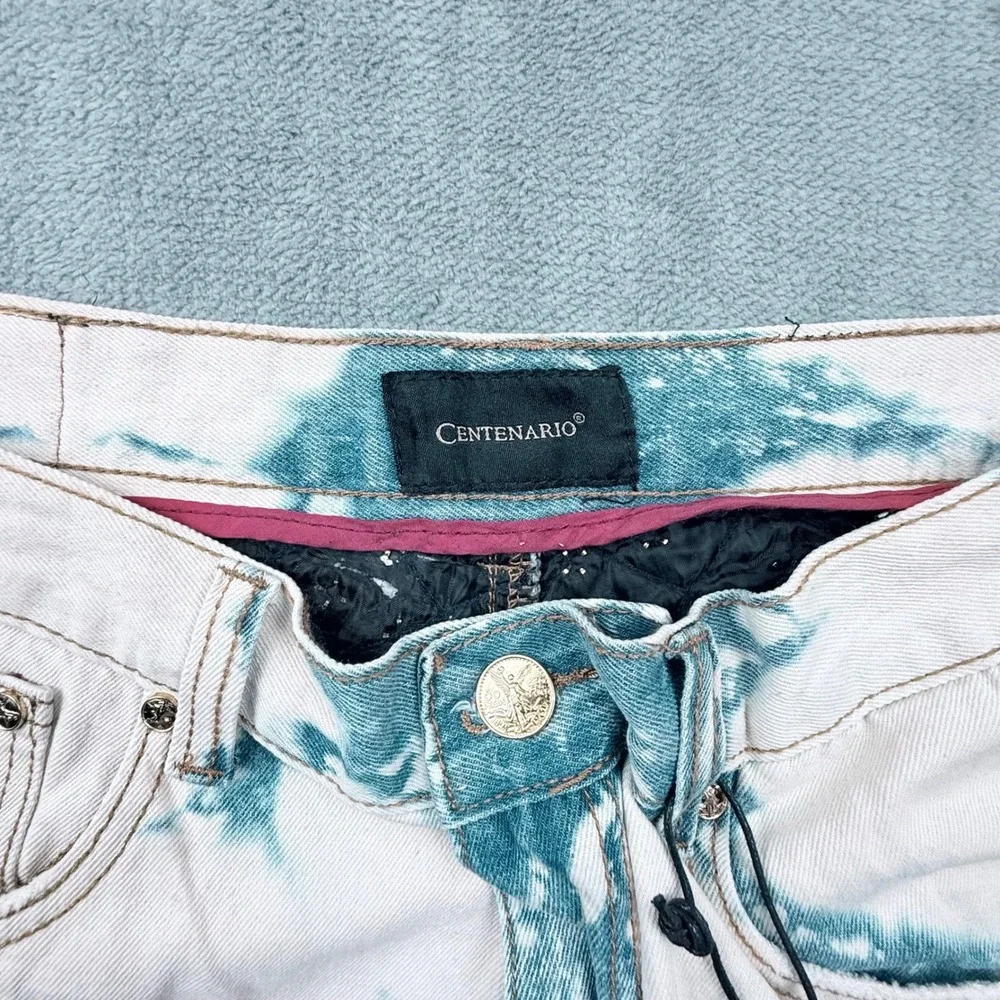 Centenario Mens Acid Wash Biker Jeans White Blue Studded Quilted 34x32 NWT